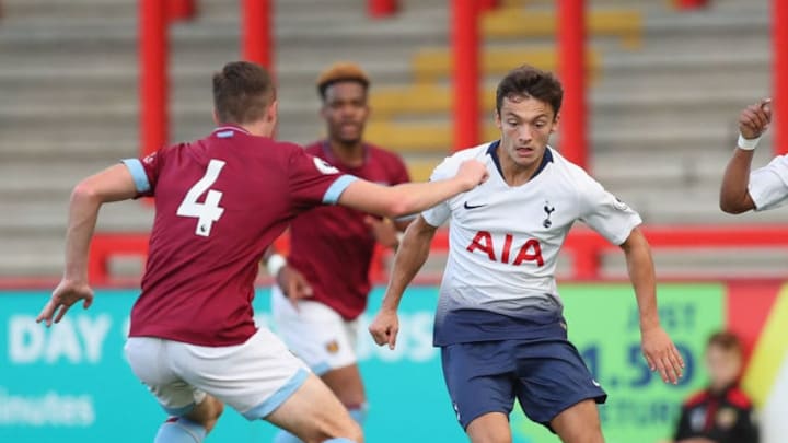 STEVENAGE, ENGLAND - AUGUST 13: George Marsh of Tottenham Hotspur and Conor Coventry of West Ham during the Premier League 2 match between Tottenham Hotspur and West Ham United at The Lamex Stadium on August 13, 2018 in Stevenage, England. (Photo by Alex Morton/Getty Images)