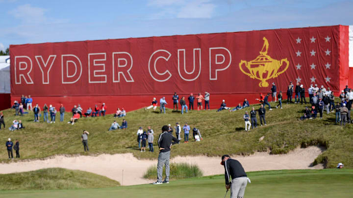 September 23, 2021; Haven, Wisconsin, USA; Team Europe player Paul Casey putts on the first green during a practice round for the 43rd Ryder Cup golf competition at Whistling Straits. Mandatory Credit: Orlando Ramirez-USA TODAY Sports