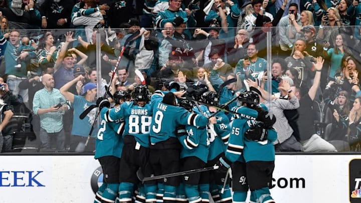 SAN JOSE, CA - APRIL 23: The San Jose Sharks celebrate the overtime winning goal against the Vegas Golden Knights in Game Seven of the Western Conference First Round during the 2019 NHL Stanley Cup Playoffs at SAP Center on April 23, 2019 in San Jose, California (Photo by Brandon Magnus/NHLI via Getty Images)