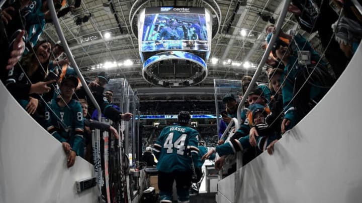 SAN JOSE, CA - APRIL 12: Marc-Edouard Vlasic #44 of the San Jose Sharks prepares to take the ice for warmups against the Vegas Golden Knights in Game Two of the Western Conference First Round during the 2019 NHL Stanley Cup Playoffs at SAP Center on April 12, 2019 in San Jose, California (Photo by Brandon Magnus/NHLI via Getty Images)