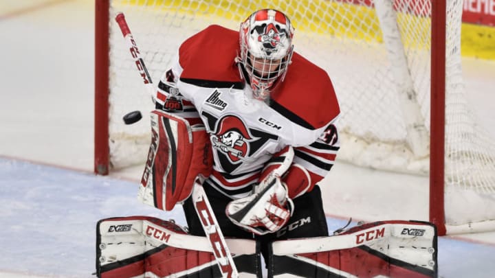 BOISBRIAND, QC - OCTOBER 27: Olivier Rodrigue #33 of the Drummondville Voltigeurs makes a save against the Blainville-Boisbriand Armada during the QMJHL game at Centre d'Excellence Sports Rousseau on October 27, 2017 in Boisbriand, Quebec, Canada. The Blainville-Boisbriand Armada defeated the Drummondville Voltigeurs 2-0. (Photo by Minas Panagiotakis/Getty Images)