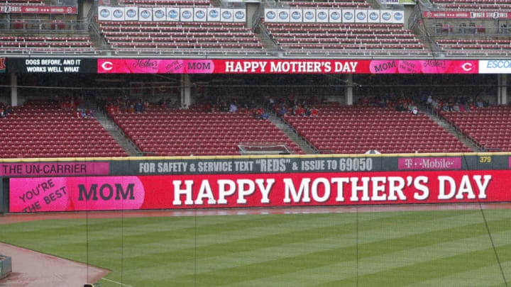 CINCINNATI, OH - MAY 08: General view as a Mother's Day message is shown on an outfield scoreboard during a rain delay prior to a game between the Milwaukee Brewers and Cincinnati Reds at Great American Ball Park on May 8, 2016 in Cincinnati, Ohio. (Photo by Joe Robbins/Getty Images)
