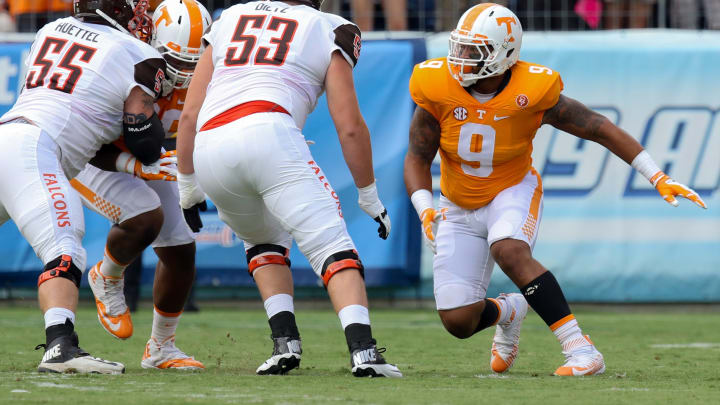 Sep 5, 2015; Nashville, TN, USA; Tennessee Volunteers defensive end Derek Barnett (9) during the first quarter of the game against the Bowling Green Falcons at Nissan Stadium. Mandatory Credit: Randy Sartin-USA TODAY Sports