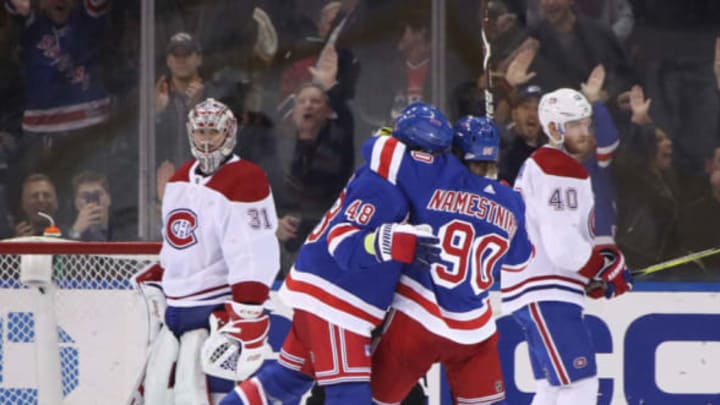 NEW YORK, NEW YORK – MARCH 01: Brendan Lemieux #48 of the New York Rangers celebrates his goal against the Montreal Canadiens along with Vladislav Namestnikov #90 at Madison Square Garden on March 01, 2019 in New York City. The Canadiens defeated the Rangers 4-2. (Photo by Bruce Bennett/Getty Images)