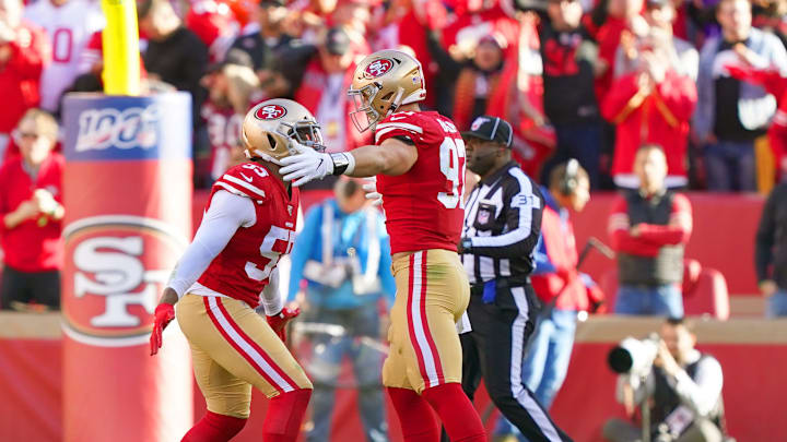 SANTA CLARA, CALIFORNIA – JANUARY 11: Dee Ford #55 and Nick Bosa #97 of the San Francisco 49ers celebrates after a sack of Kirk Cousins #8 of the Minnesota Vikings during the NFC Divisional Round Playoff game at Levi’s Stadium on January 11, 2020 in Santa Clara, California. (Photo by Thearon W. Henderson/Getty Images)