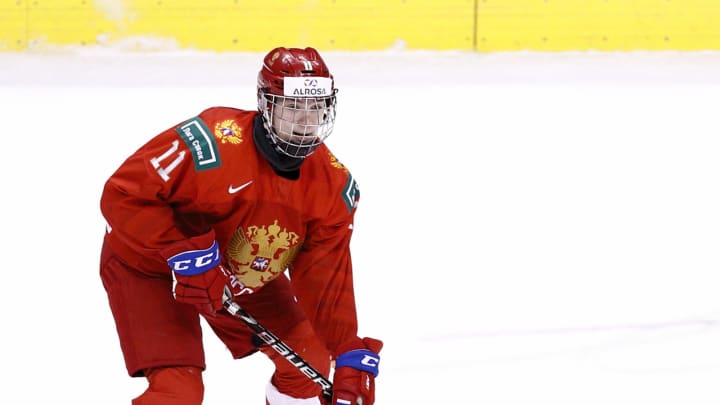 VANCOUVER , BC – JANUARY 5: Vasili Podkolzin #11 of Russia skates against Switzerland during a bronze medal game at the IIHF World Junior Championships at Rogers Arena on January 5, 2019 in Vancouver, British Columbia, Canada. (Photo by Kevin Light/Getty Images)