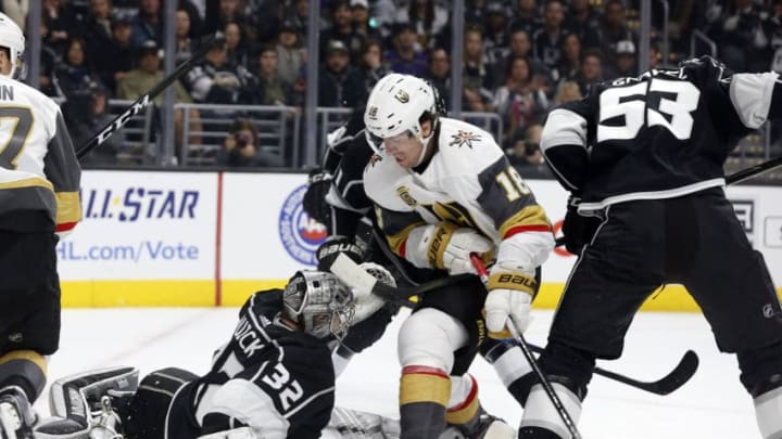 LOS ANGELES, CA - DECEMBER 28: Los Angeles Kings goalie Jonathan Quick (32) makes a save on a shot from Vegas Golden Knights right wing James Neal (18) during the game on December 28, 2017, at the Staples Center in Los Angeles, CA. (Photo by Adam Davis/Icon Sportswire via Getty Images)