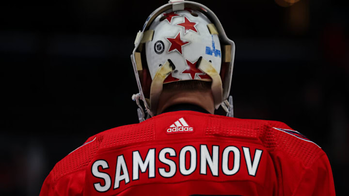 WASHINGTON, DC - MARCH 28: Ilya Samsonov #30 of the Washington Capitals looks on against the Carolina Hurricanes during the third period of the game at Capital One Arena on March 28, 2022 in Washington, DC. (Photo by Scott Taetsch/Getty Images) WASHINGTON, DC - MARCH 28: Ilya Samsonov #30 of the Washington Capitals looks on against the Carolina Hurricanes during the third period of the game at Capital One Arena on March 28, 2022 in Washington, DC. (Photo by Scott Taetsch/Getty Images)