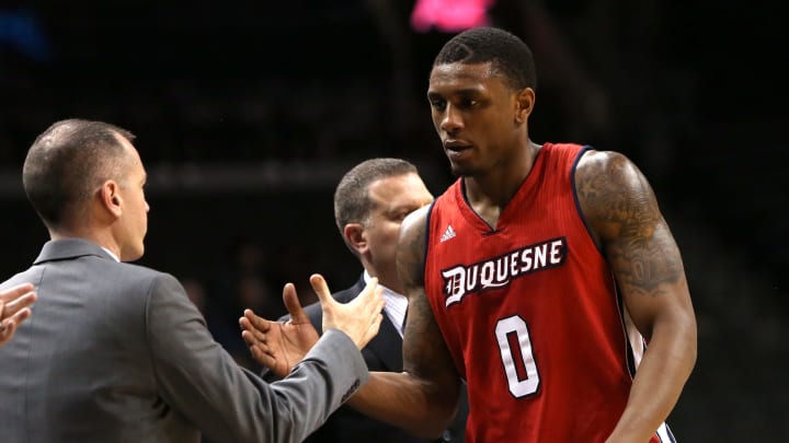 NEW YORK, NY – MARCH 13: Ovie Soko #0 of the Duquesne Dukes walks to the bench late in the game against the Richmond Spiders in the Second Round of the 2014 Atlantic 10 Men’s Basketball Tournament at Barclays Center on March 13, 2014 in the Brooklyn Borough of New York City. (Photo by Mike Lawrie/Getty Images)