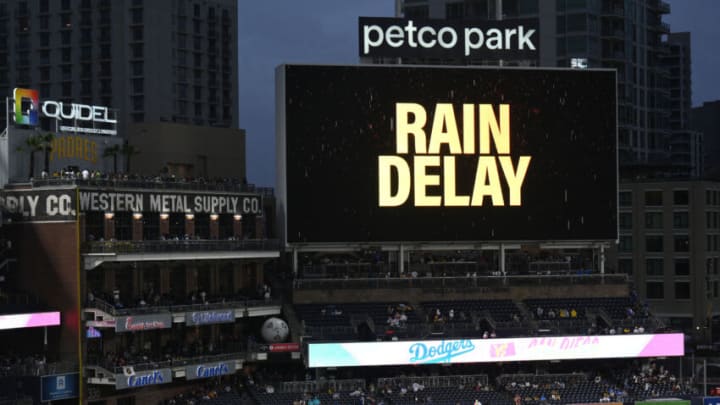 Sep 9, 2022; San Diego, California, USA; A general view of a ‘Rain Delay’ announcement on the video board before the game between the San Diego Padres and the Los Angeles Dodgers at Petco Park. Mandatory Credit: Orlando Ramirez-USA TODAY Sports