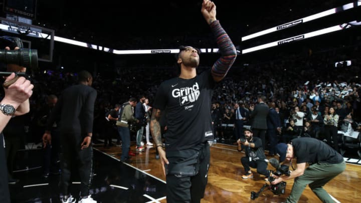 BROOKLYN, NY - APRIL 18: D'Angelo Russell #1 of the Brooklyn Nets is introduced before Game Three of Round One against the Philadelphia 76ers during the 2019 NBA Playoffs on April 18, 2019 at the Barclays Center in Brooklyn, New York. NOTE TO USER: User expressly acknowledges and agrees that, by downloading and/or using this photograph, user is consenting to the terms and conditions of the Getty Images License Agreement. Mandatory Copyright Notice: Copyright 2019 NBAE (Photo by Nathaniel S. Butler/NBAE via Getty Images)