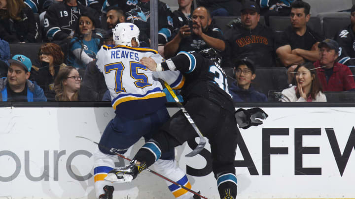 SAN JOSE, CA – MARCH 16: Ryan Reaves #75 of the St. Louis Blues gets tangled up with Michael Haley #38 of the San Jose Sharks at SAP Center on March 16, 2017, in San Jose, California. (Photo by Rocky W. Widner/NHL/Getty Images)