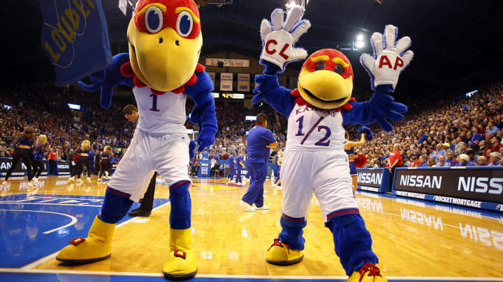 LAWRENCE, KANSAS – JANUARY 21: Kansas Jayhawks mascots perform during the game against the Iowa State Cyclones at Allen Fieldhouse on January 21, 2019 in Lawrence, Kansas. (Photo by Jamie Squire/Getty Images)