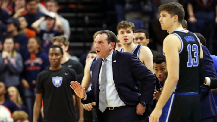 CHARLOTTESVILLE, VA - FEBRUARY 29: Head coach Mike Krzyzewski of the Duke Blue Devils reacts to a play in the second half during a game against the Virginia Cavaliers at John Paul Jones Arena on February 29, 2020 in Charlottesville, Virginia. (Photo by Ryan M. Kelly/Getty Images)