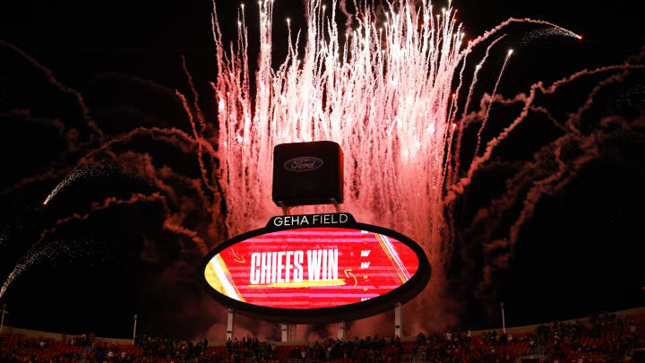 KANSAS CITY, MISSOURI – JANUARY 16: Fireworks go off above the stadium after the Kansas City Chiefs defeated the Pittsburgh Steelers 42-21 in the NFC Wild Card Playoff game at Arrowhead Stadium on January 16, 2022 in Kansas City, Missouri. (Photo by David Eulitt/Getty Images)