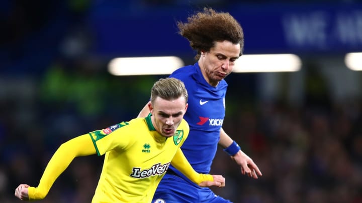 LONDON, ENGLAND – JANUARY 17: James Maddison of Norwich City and David Luiz of Chelsea in action during The Emirates FA Cup Third Round Replay between Chelsea and Norwich City at Stamford Bridge on January 17, 2018 in London, England. (Photo by Clive Rose/Getty Images)