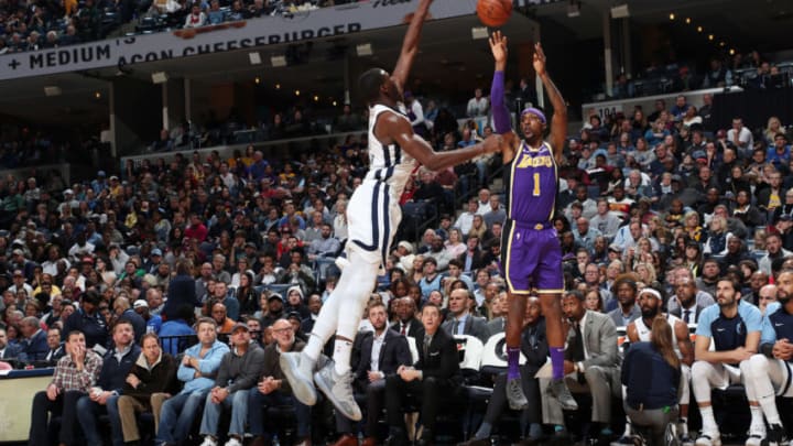 MEMPHIS, TN - DECEMBER 8: Kentavious Caldwell-Pope #1 of the Los Angeles Lakers shoots the ball against the Memphis Grizzlies on December 8, 2018 at FedExForum in Memphis, Tennessee. NOTE TO USER: User expressly acknowledges and agrees that, by downloading and or using this photograph, User is consenting to the terms and conditions of the Getty Images License Agreement. Mandatory Copyright Notice: Copyright 2018 NBAE (Photo by Joe Murphy/NBAE via Getty Images)
