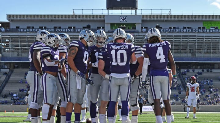 MANHATTAN, KS - OCTOBER 03: Quarterback Skylar Thompson #10 of the Kansas State Wildcats huddles with the offense against the Texas Tech Red Raiders during the first half at Bill Snyder Family Football Stadium on September 3, 2020 in Manhattan, Kansas. (Photo by Peter G. Aiken/Getty Images)
