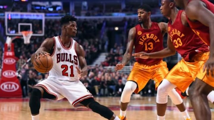 Dec 30, 2015; Chicago, IL, USA; Chicago Bulls guard Jimmy Butler (21) dribbles the ball against the Indiana Pacers during the second half at the United Center. Mandatory Credit: Mike DiNovo-USA TODAY Sports