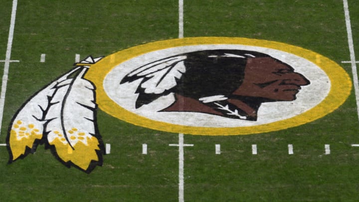 LANDOVER, MD - NOVEMBER 24: A general view of the Washington Redskins logo at center field before a game between the Detroit Lions and Redskins at FedExField on November 24, 2019 in Landover, Maryland. (Photo by Patrick McDermott/Getty Images)