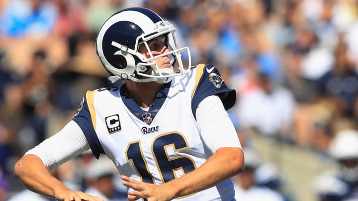 LOS ANGELES, CA – SEPTEMBER 23: Quarterback Jared Goff #16 of the Los Angeles Rams looks to pass during the second quarter of the game against the Los Angeles Chargers at Los Angeles Memorial Coliseum on September 23, 2018 in Los Angeles, California. (Photo by Sean M. Haffey/Getty Images)