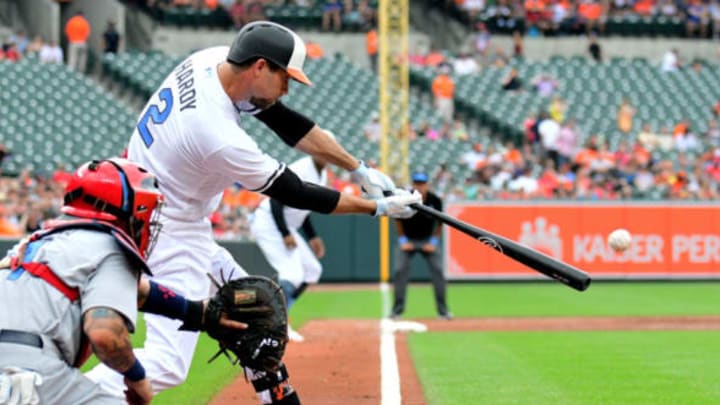 Jun 17, 2017; Baltimore, MD, USA; Baltimore Orioles shortstop J.J. Hardy (2) hits a two run double in the second inning against the St. Louis Cardinals at Oriole Park at Camden Yards. Mandatory Credit: Evan Habeeb-USA TODAY Sports