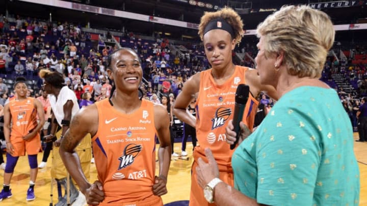 PHOENIX, AZ - AUGUST 4: Yvonne Turner #6 of the Phoenix Mercury smiles after the game against the Washington Mystics on August 4. 2019 at Talking Stick Resort Arena in Phoenix, Arizona. NOTE TO USER: User expressly acknowledges and agrees that, by downloading and/or using this photograph, user is consenting to the terms and conditions of the Getty Images License Agreement. Mandatory Copyright Notice: Copyright 2019 NBAE (Photo by Barry Gossage/NBAE via Getty Images)