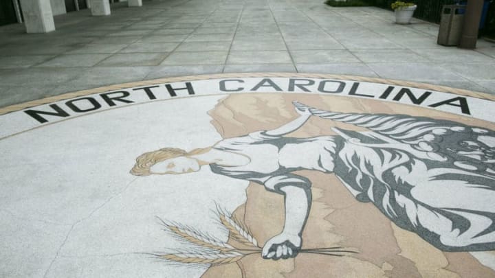 UNITED STATES - MAY 9 - The great seal of North Carolina is seen outside the state legislature building in Raleigh, N.C., on Monday, May 9, 2016. Gov. Pat McCrory and his administration sued the federal government Monday in a fight for a state law that requires transgender people to use the public restroom matching the sex on their birth certificate. (Photo By Al Drago/CQ Roll Call)