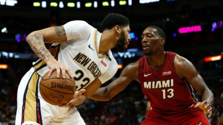 MIAMI, FL – NOVEMBER 30: Anthony Davis #23 of the New Orleans Pelicans is guarded by Bam Adebayo #13 of the Miami Heat during the second half at American Airlines Arena on November 30, 2018 in Miami, Florida. NOTE TO USER: User expressly acknowledges and agrees that, by downloading and or using this photograph, User is consenting to the terms and conditions of the Getty Images License Agreement. (Photo by Michael Reaves/Getty Images)
