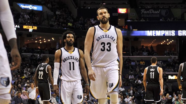 Mar 6, 2017; Memphis, TN, USA; Memphis Grizzlies guard Mike Conley (11) and center Marc Gasol (33) react during the first half against the Brooklyn Nets at FedExForum. Mandatory Credit: Justin Ford-USA TODAY Sports