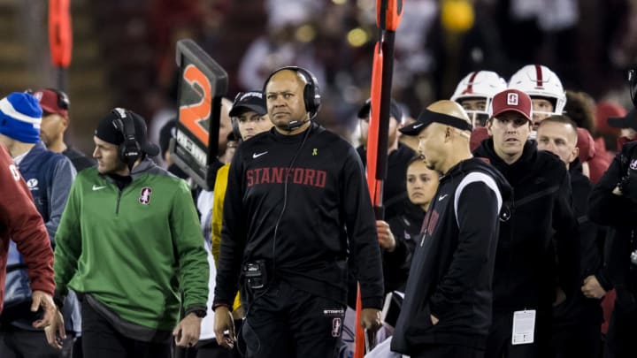 Nov 26, 2022; Stanford, California, USA; Stanford Cardinal head coach David Shaw watches the scoreboard during the second half against the Brigham Young Cougars at Stanford Stadium. Mandatory Credit: John Hefti-USA TODAY Sports