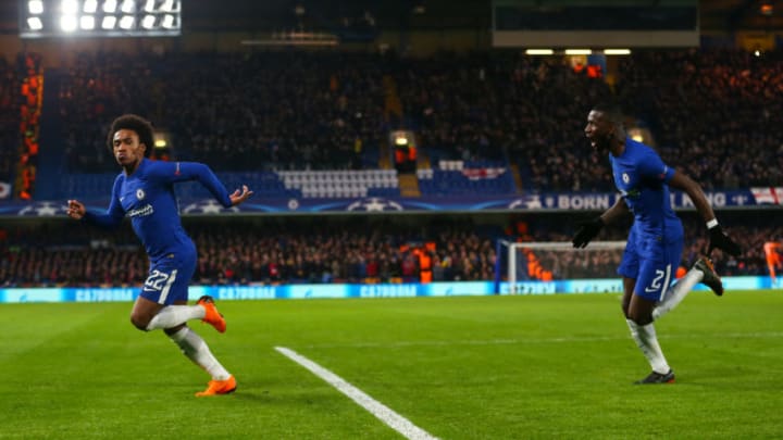 LONDON, ENGLAND - FEBRUARY 20: Willian of Chelsea celebrates after scoring a goal to make it 1-0 during the UEFA Champions League Round of 16 First Leg match between Chelsea FC and FC Barcelona at Stamford Bridge on February 20, 2018 in London, United Kingdom. (Photo by Robbie Jay Barratt - AMA/Getty Images)