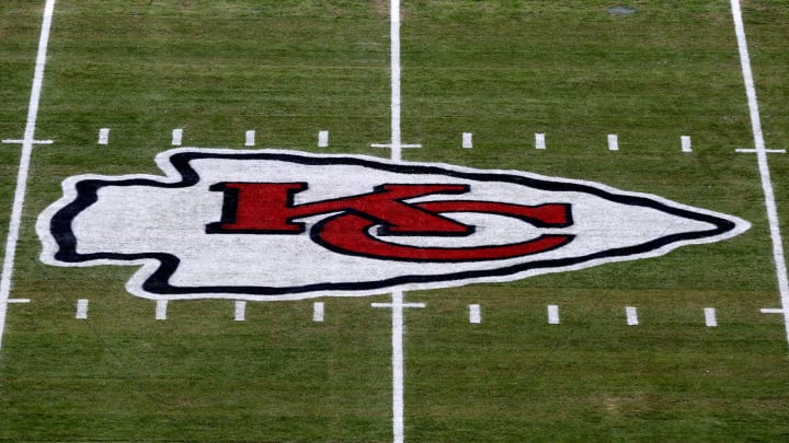 A view of the Kansas City Chiefs logo at midfield before the AFC Championship Game game at Arrowhead Stadium in Kansas City, MO. (Photo by Scott Winters/Icon Sportswire via Getty Images)