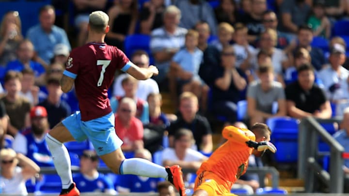 IPSWICH, ENGLAND - JULY 28: Marko Arnautovic of West Ham United scores his side's second goal during the pre-season friendly match between Ipswich Town and West Ham United at Portman Road on July 28, 2018 in Ipswich, England. (Photo by Stephen Pond/Getty Images)