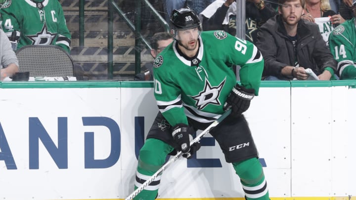 DALLAS, TX – MAY 1: Jason Spezza #90 of the Dallas Stars handles the puck against the St. Louis Blues in Game Four of the Western Conference Second Round during the 2019 NHL Stanley Cup Playoffs at the American Airlines Center on May 1, 2019 in Dallas, Texas. (Photo by Glenn James/NHLI via Getty Images)