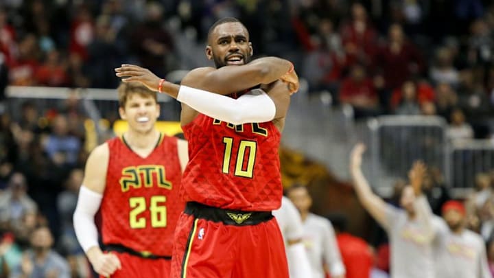 Jan 1, 2017; Atlanta, GA, USA; Atlanta Hawks guard Tim Hardaway Jr. (10) shows emotion against the San Antonio Spurs in overtime at Philips Arena. The Hawks won 114-112 in overtime. Mandatory Credit: Brett Davis-USA TODAY Sports