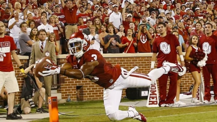 Aug 30, 2014; Norman, OK, USA; Oklahoma Sooners wide receiver Sterling Shepard (3) makes a catch but is ruled out of bounds during the second half against the Louisiana Tech Bulldogs at Gaylord Family - Oklahoma Memorial Stadium. Mandatory Credit: Kevin Jairaj-USA TODAY Sports