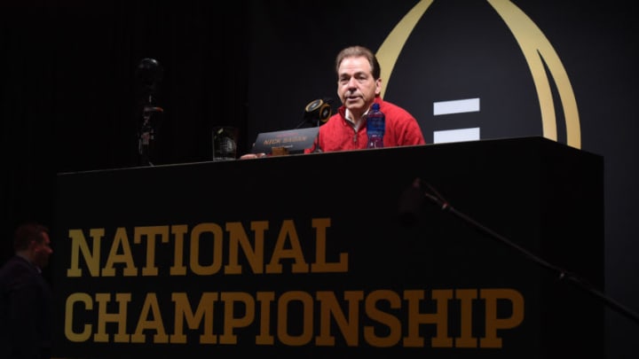 SAN JOSE, CA - JANUARY 05: Alabama Crimson Tide Head Coach Nick Saban answers questions during the Alabama Crimson Tide's Media Day for the College Football Playoff National Championship on January 5, 2019, at the SAP Center in San Jose, CA. (Photo by Chris Williams/Icon Sportswire via Getty Images)