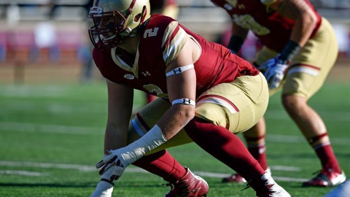 Nov 19, 2016; Boston, MA, USA; Boston College Eagles defensive end Zach Allen (2) waits for the snap against the Connecticut Huskies during the first half at Alumni Stadium. Mandatory Credit: Brian Fluharty-USA TODAY Sports