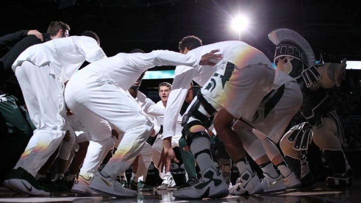 Dec 18, 2016; East Lansing, MI, USA; Michigan State Spartans huddle prior to a game against the Northeastern Huskies at Jack Breslin Student Events Center. Mandatory Credit: Mike Carter-USA TODAY Sports
