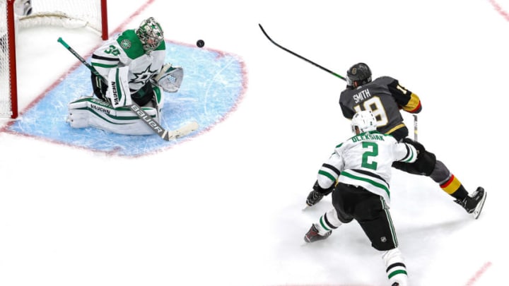 Anton Khudobin #35 of the Dallas Stars makes the save against Reilly Smith #19 of the Vegas Golden Knights during the second period in Game One of the Western Conference Final. (Photo by Bruce Bennett/Getty Images)