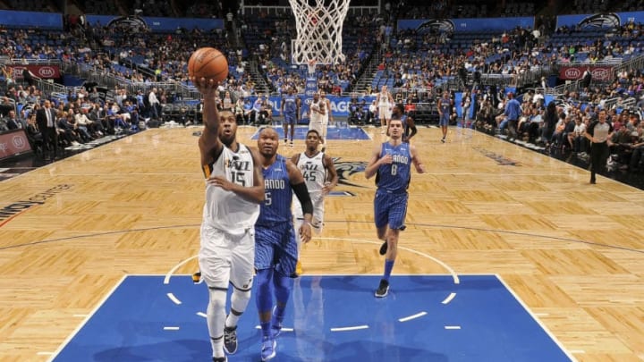 ORLANDO, FL - NOVEMBER 18: Derrick Favors #15 of the Utah Jazz handles the ball against the Orlando Magic on November 18, 2017 at Amway Center in Orlando, Florida. NOTE TO USER: User expressly acknowledges and agrees that, by downloading and or using this photograph, User is consenting to the terms and conditions of the Getty Images License Agreement. Mandatory Copyright Notice: Copyright 2017 NBAE (Photo by Fernando Medina/NBAE via Getty Images)