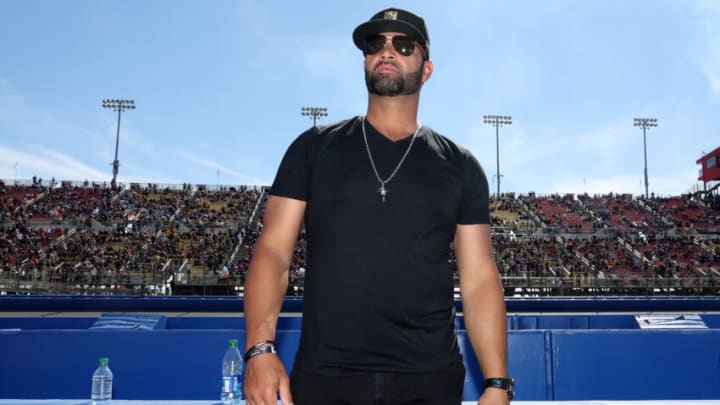 FONTANA, CALIFORNIA - FEBRUARY 27: Honorary Pace Car Driver, Albert Pujols of the Los Angeles Dodgers stands on the grid prior to the NASCAR Cup Series Wise Power 400 at Auto Club Speedway on February 27, 2022 in Fontana, California. (Photo by James Gilbert/Getty Images)