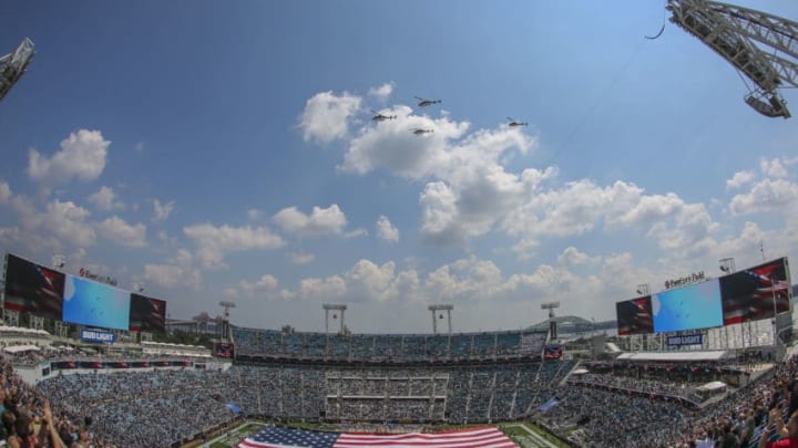 JACKSONVILLE, FL - SEPTEMBER 17: A general view of EverBank Field with a field-length American Flag as four Jacksonville Sheriffs Office Police Aviation Unit helicopters flyover prior to the game between the Tennessee Titans and the Jacksonville Jaguars on September 17, 2017 at EverBank Field in Jacksonville, Fl. (Photo by David Rosenblum/Icon Sportswire via Getty Images)