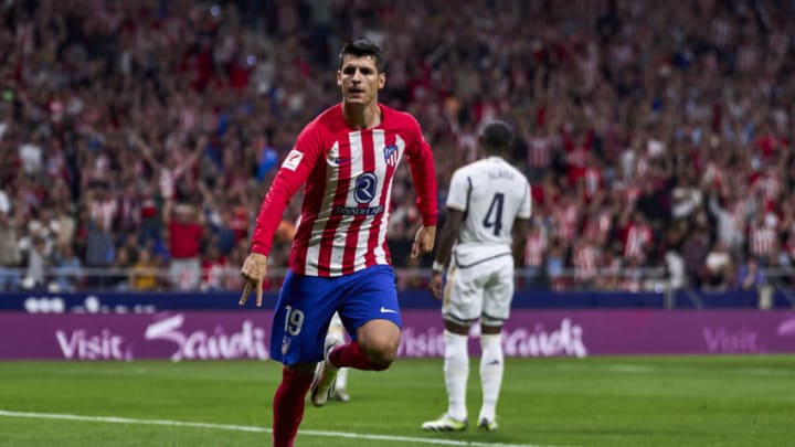 MADRID, SPAIN - SEPTEMBER 24: Alvaro Morata of Atletico de Madrid celebrates after scoring his team's first goal during the LaLiga EA Sports match between Atletico Madrid and Real Madrid CF at Civitas Metropolitano Stadium on September 24, 2023 in Madrid, Spain. (Photo by Diego Souto/Quality Sport Images/Getty Images)