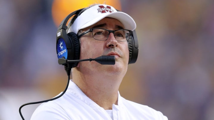 BATON ROUGE, LA - OCTOBER 20: Head coach Joe Moorhead of the Mississippi State Bulldogs reacts during the first half against the LSU Tigers at Tiger Stadium on October 20, 2018 in Baton Rouge, Louisiana. (Photo by Jonathan Bachman/Getty Images)