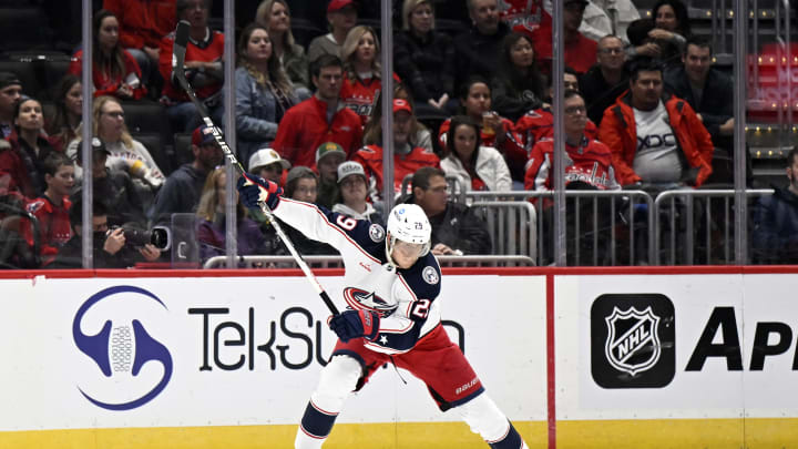 WASHINGTON, DC – OCTOBER 08: Patrik Laine #29 of the Columbus Blue Jackets shoots the puck against the Washington Capitals during a preseason game at Capital One Arena on October 08, 2022 in Washington, DC. (Photo by G Fiume/Getty Images)