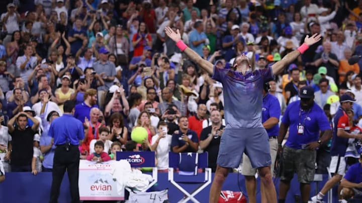 NEW YORK, NY - SEPTEMBER 04: Juan Martin del Potro of Argentina celebrates after defeating Dominic Thiem of Austria in their fourth round Men's Singles match on Day Eight of the 2017 US Open at the USTA Billie Jean King National Tennis Center on September 4, 2017 in the Flushing neighborhood of the Queens borough of New York City. (Photo by Clive Brunskill/Getty Images)