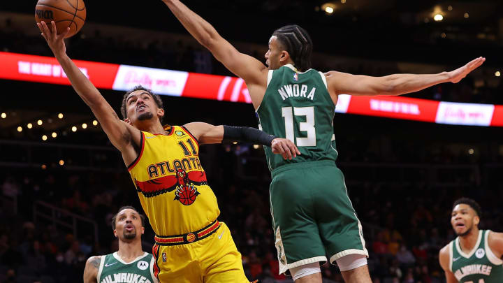 Milwaukee Bucks: George Hill, Jordan Nwora, Giannis Antetokounmpo, Atlanta Hawks: Trae Young