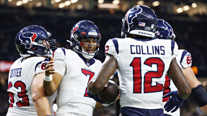 NEW ORLEANS, LOUISIANA – AUGUST 27: Nico Collins #12 celebrates with C.J. Stroud #7 of the Houston Texans after a touchdown during the preseason game against the New Orleans Saints at Caesars Superdome on August 27, 2023 in New Orleans, Louisiana. The Texans defeated the Saints 17-13. (Photo by Wesley Hitt/Getty Images)